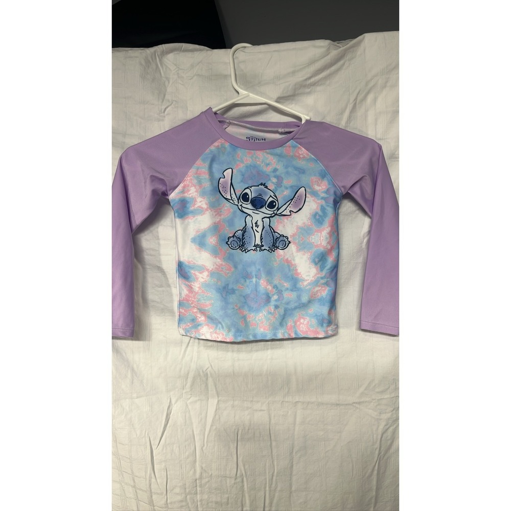 Disney Stitch Girls 5T Long Sleeve Rash Guard Tie Dye Purple Blue Swim Shirt